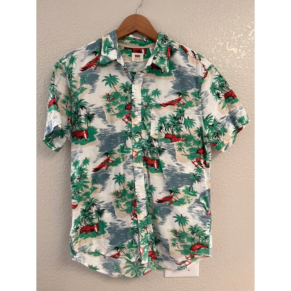 Levis Mens Tropical Island Print Cotton Linen Short Sleeve Button Up Shirt M